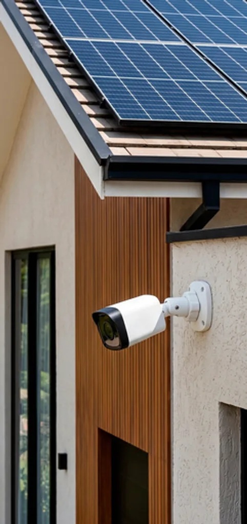 Casa com placas de energia solar no telhado e câmera de segurança na fachada